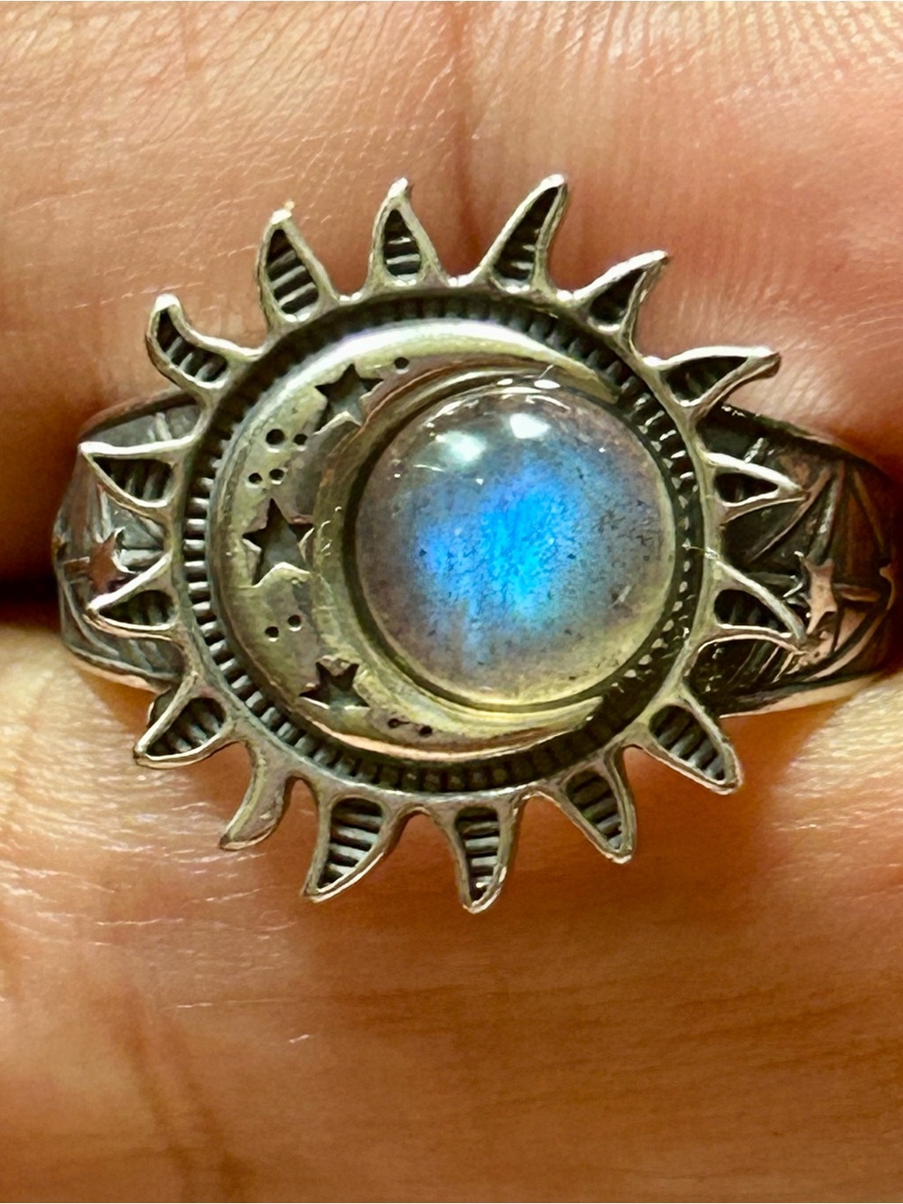 Labradorite Crystal S925 Sun Moon Stars Silver S 925 Ring Natural Gem Stone New